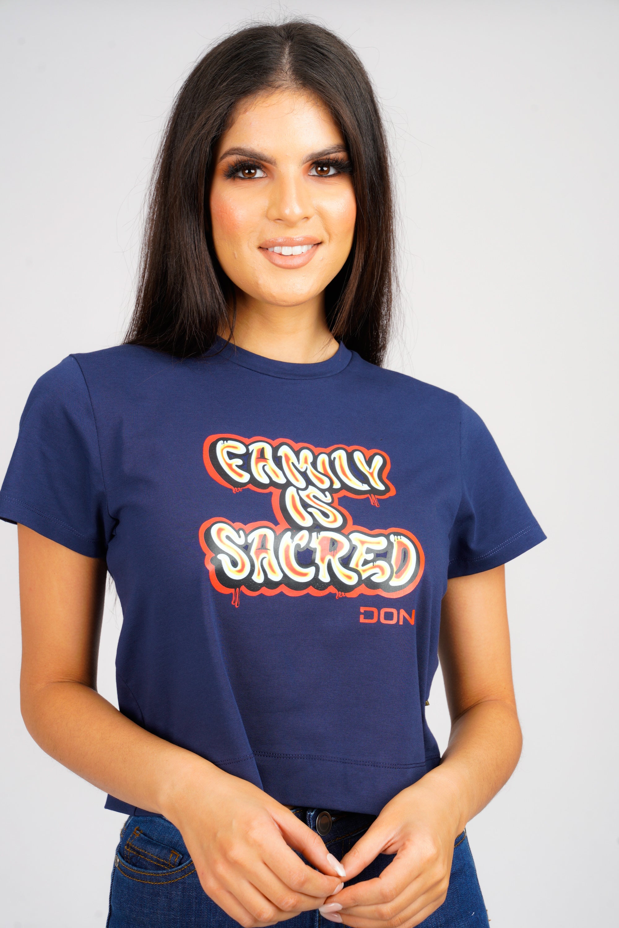DON FAMILY IS SACRED NAVY CROPPED T-SHIRT
