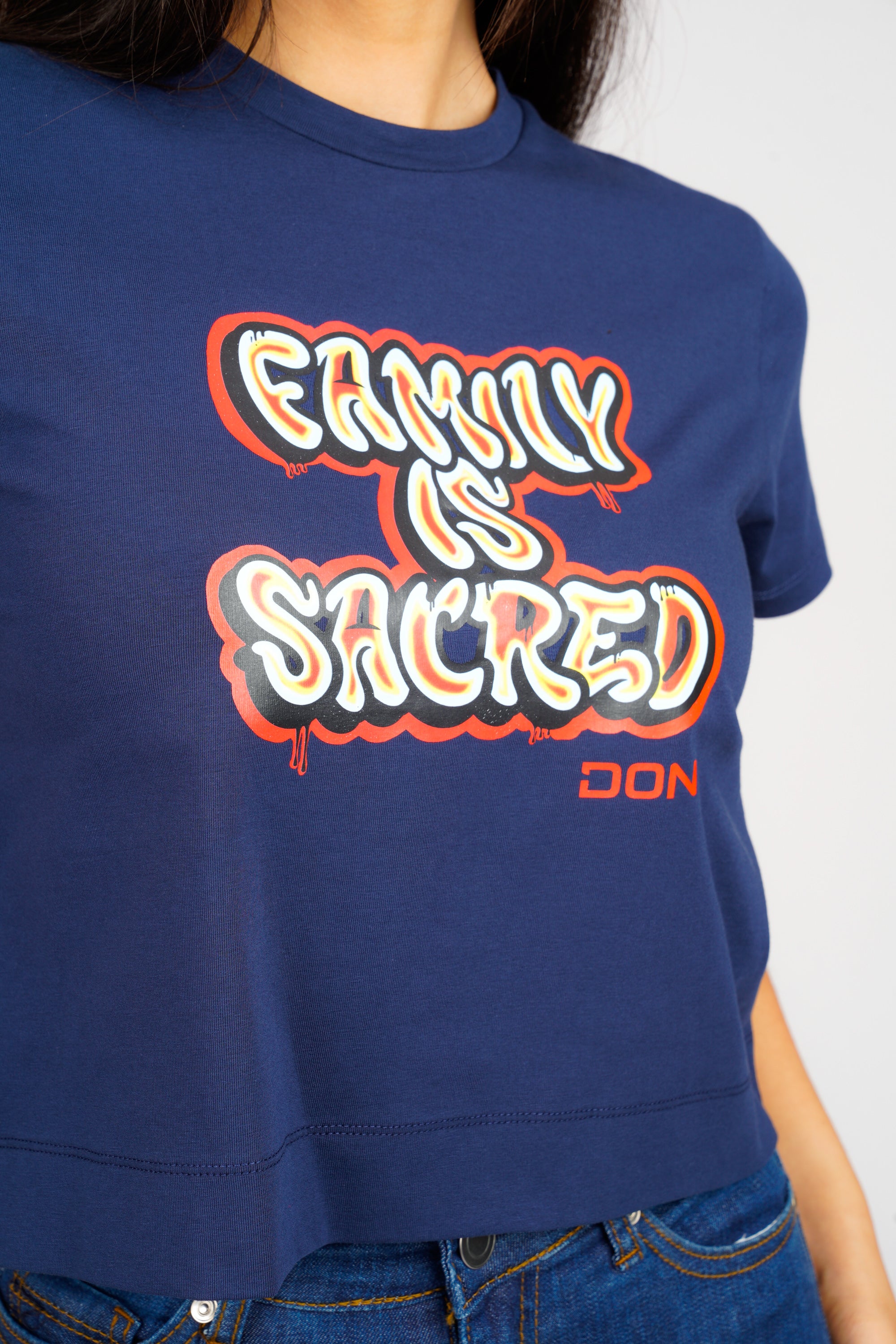 DON FAMILY IS SACRED NAVY CROPPED T-SHIRT